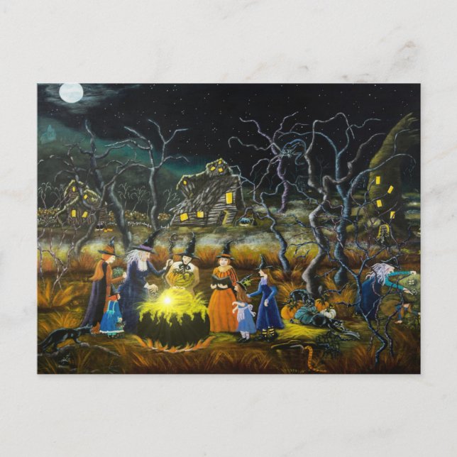 Cartão Postal Cartaz do Dia das Bruxas, bruxas ao redor de calde (Frente)