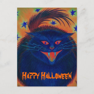 Cartão Postal Cartaz do "Feliz Dia das Bruxas" Azul de Gato Assu