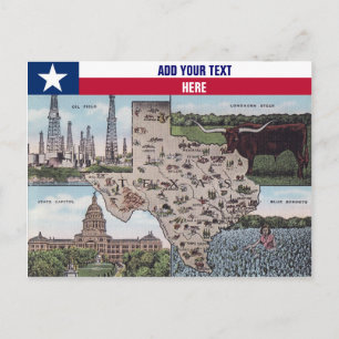 Cartão Postal Cartaz do Texas Saudações - Mapa do Estado e Vis