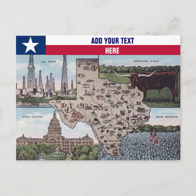 Cartão Postal Cartaz do Texas Saudações - Mapa do Estado e Vista (Frente)