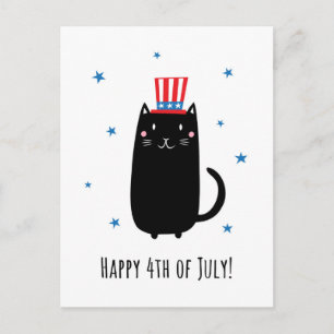 Cartão Postal Cartaz feliz em 4 de julho com gato preto e bonito