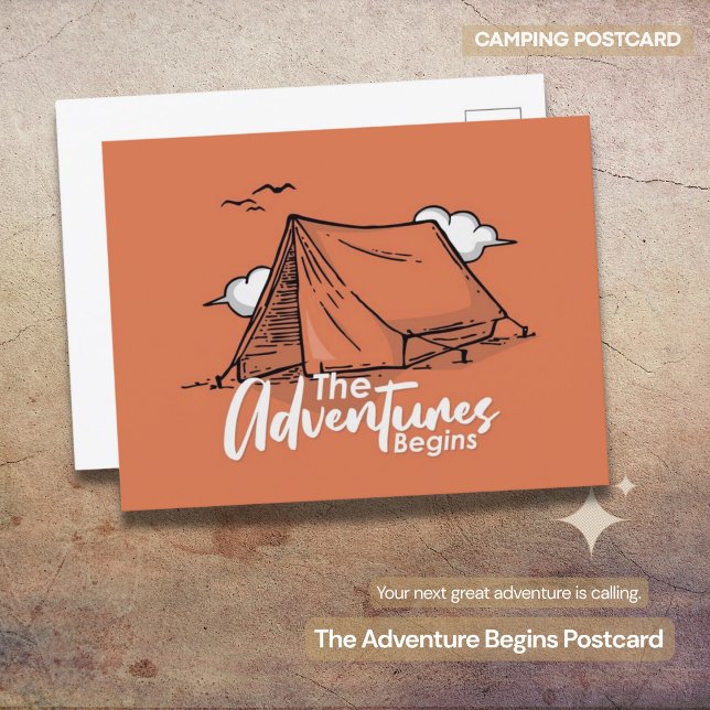Cartão Postal Cartaz Rustic Camping - "A Aventura Começa" ( "The Adventure Begins" Rustic Camping Postcard)