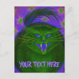 Cartão Postal Cartaz verde do Gato Assustador 'Seu Texto'
