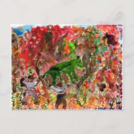 Cartão Postal Cartaz verde em árvores vermelhas