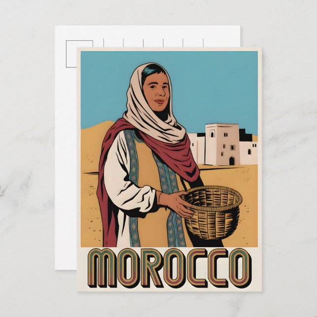 Cartão Postal Cartaz viagem no Marrocos com presente de mulher l (Frente/Verso)