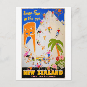 Cartão Postal Cartaz Vintage Neozelandês Diversão na neve ao sol