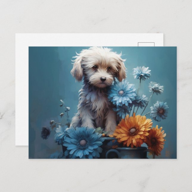 Cartão Postal Carte Postale Chien Fleur Bleu (Frente/Verso)
