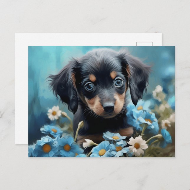 Cartão Postal Carte Postale Chien Fleur Bleu (Frente/Verso)