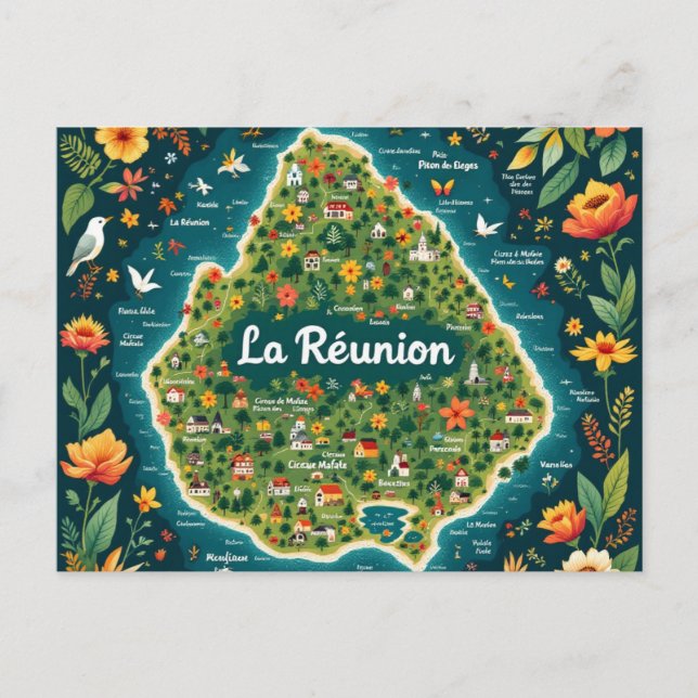 Cartão Postal Carte postale La Réunion – Carte illustrée de l’îl (Frente)