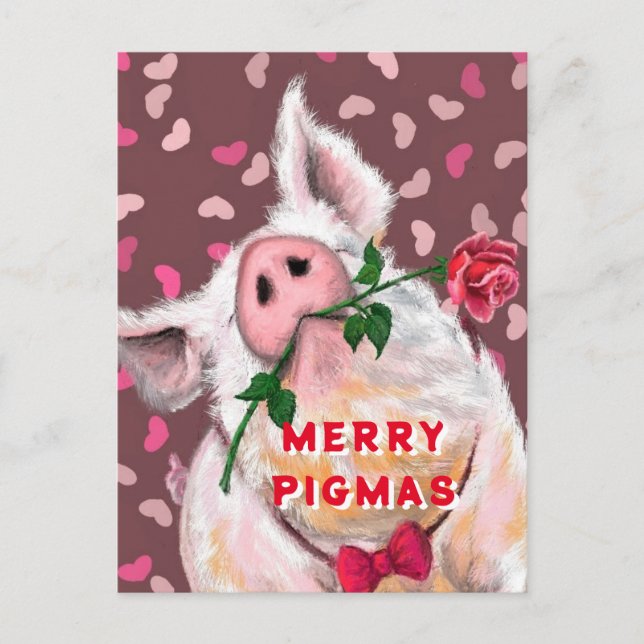 Cartão Postal Carteira de Natal Engraçada, Porco com Rosa (Frente)