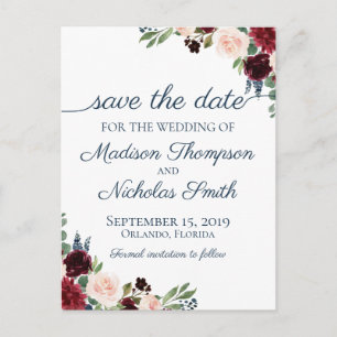 Cartão Postal Cartões-postais de Save the Date Florais Navy e Ma