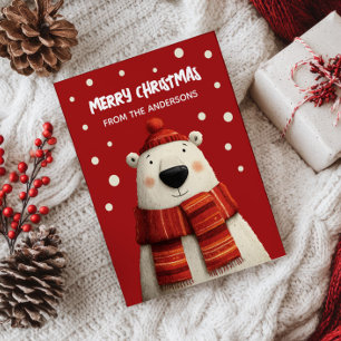Cartão Postal Cartografia bonita Urso Polar Vermelho Feliz Natal