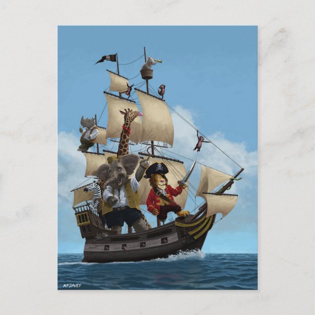 Cartão Postal Cartoon Animal Pirate Ship (Frente)