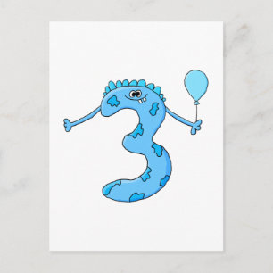 Cartão Postal Cartoon aniversário de 3 anos azul.