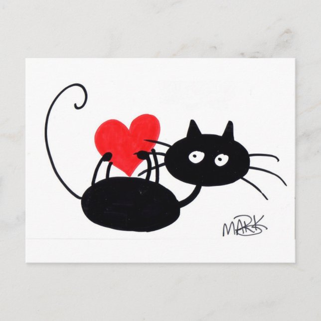 Cartão Postal Cartoon Black Cat e red Heart (Frente)