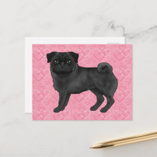 Cartão Postal Cartoon Black Pug Dog Mops Adoram Padrões do Coraç