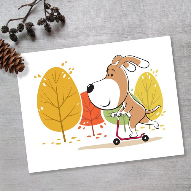 Cartão Postal Cartoon Cute Funny Dog Puppy Kick Scooter (Criador carregado)