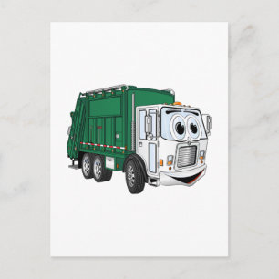 Cartão Postal Cartoon de Caminhão de Lixo Branco Verde