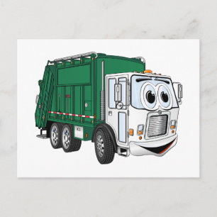 Cartão Postal Cartoon de Caminhão de Lixo Branco Verde