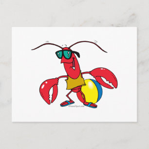 Cartão Postal cartoon de lagosta engraçado indo para a praia