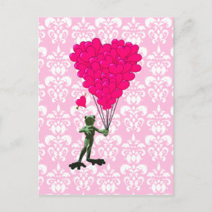 Cartão Postal Cartoon de sapo engraçado e coração cor-de-rosa