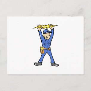 Cartão Postal Cartoon eletricista segurando relâmpago elétrico