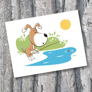 Cartão Postal Cartoon Engraçado Cachorro Bonito Filhote Pescaria