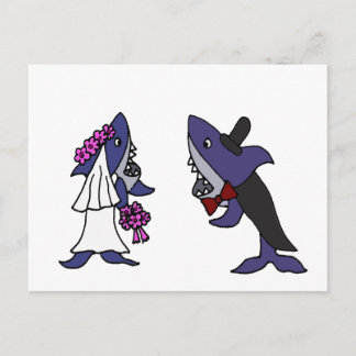 Cartão Postal Cartoon Engraçado Noiva de Tubarão e Casamento de