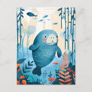 Cartão Postal Cartoon Gentle Manatee no Oceano