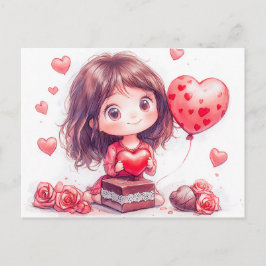 Cartão Postal Cartoon Girl Surrounded by Roses Romantic Valentin