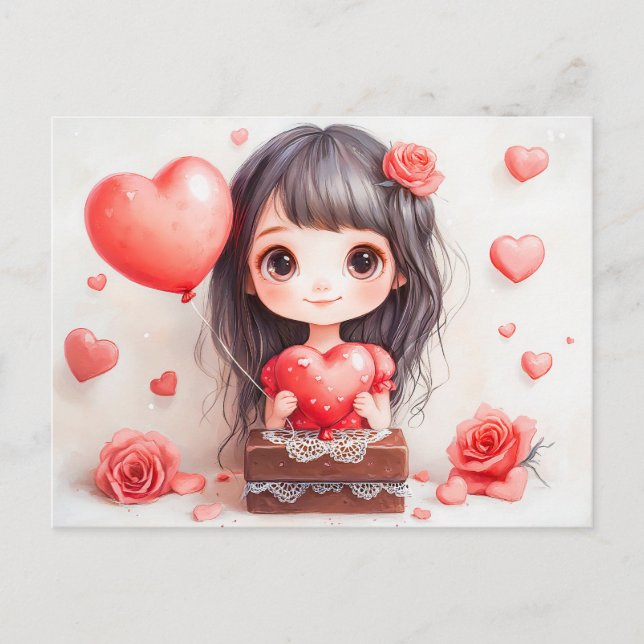 Cartão Postal Cartoon Girl with Roses and Hearts Sweet Valentine (Frente)