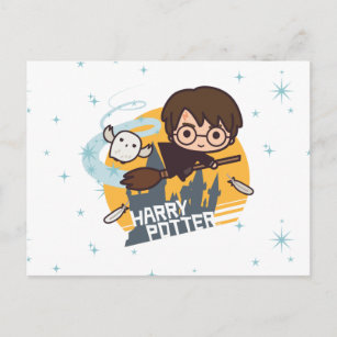 Cartão Postal Cartoon Harry e Hedwig voando no passado Hogwarts