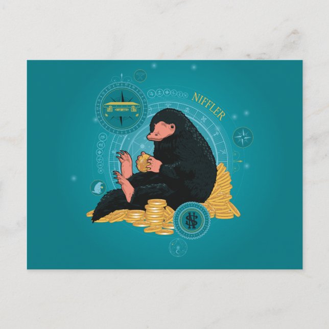 Cartão Postal Cartoon NIFFLER™ com moedas Douradas (Frente)