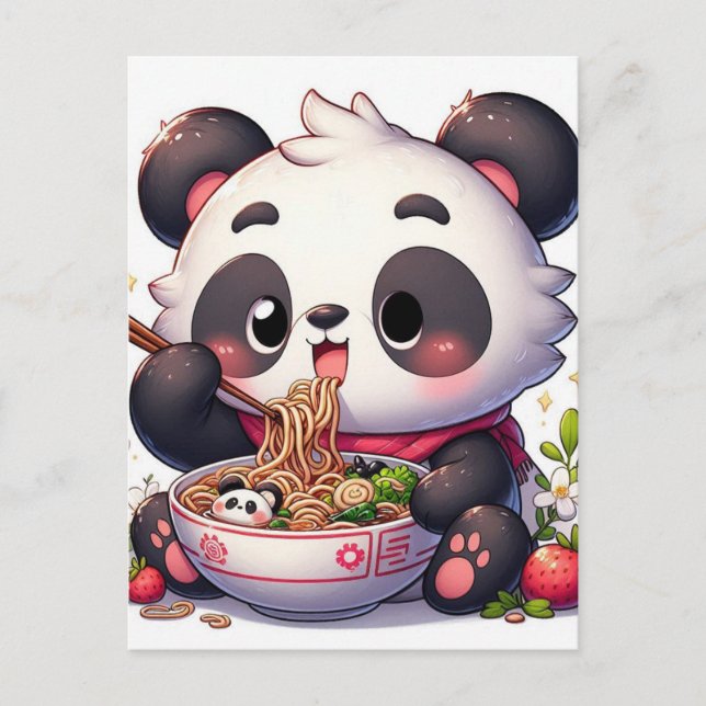 Cartão Postal Cartoon Panda Bear Comendo Ramen (Frente)