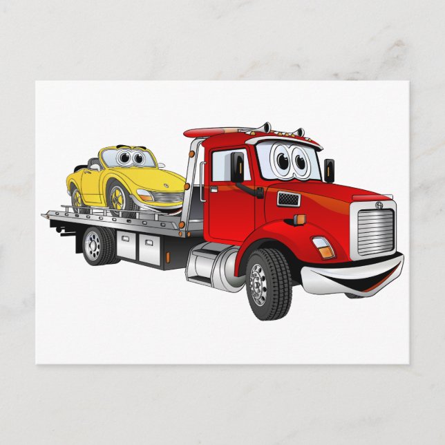 Cartão Postal Cartoon Red Tow Truck Flatbed (Frente)
