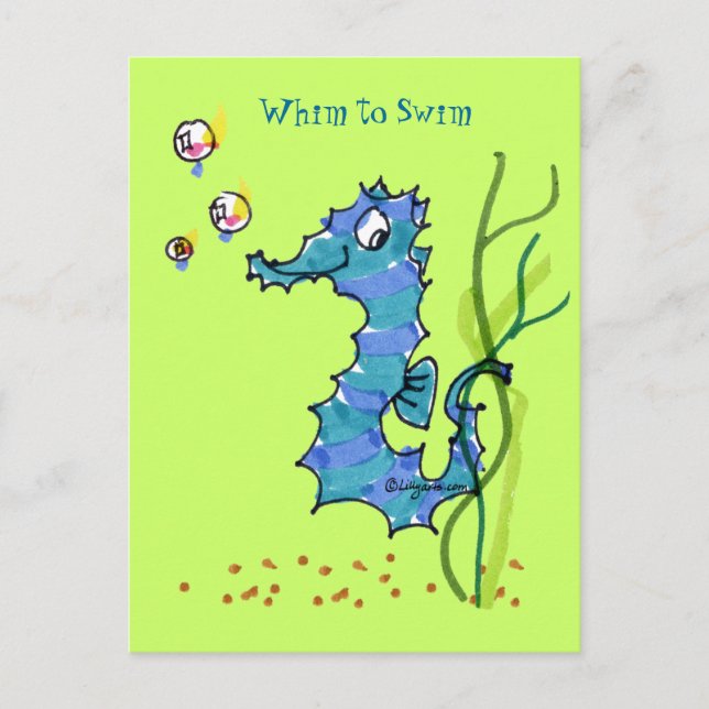 Cartão Postal Cartoon Seahorse Cute Whim To Swim Postcard (Frente)
