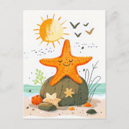 Cartão Postal Cartoon Starfish sobre Rock by Ocean
