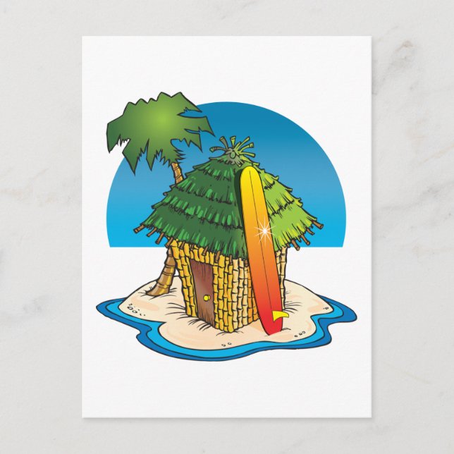 Cartão Postal Cartoon Tiki Hut com Surfboard e Palm (Frente)