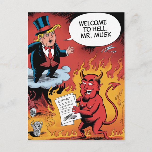 Cartão Postal Cartoon Trump Bem-vindo ao Inferno Sr. Musk (Frente)