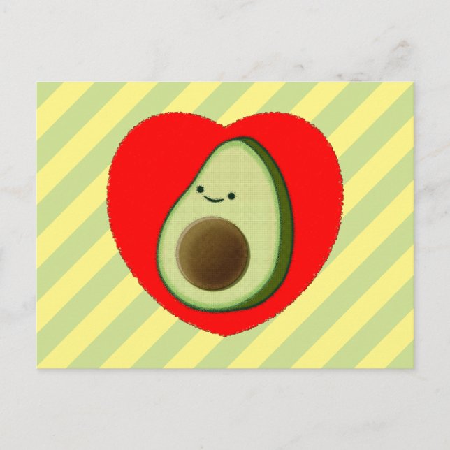 Cartão Postal Cartoon Verde Bonito Avocado Em Coração Vermelho (Frente)