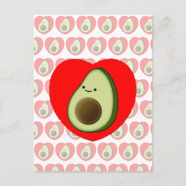Cartão Postal Cartoon Verde Bonito Avocado Em Coração Vermelho (Frente)