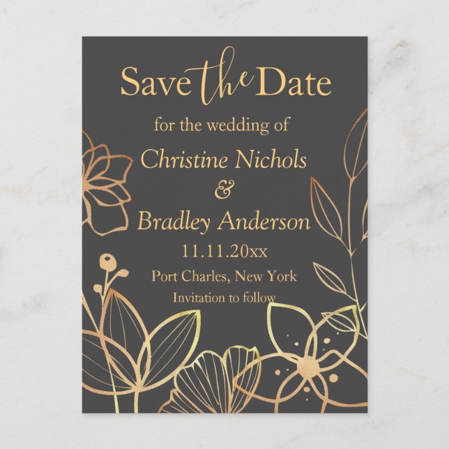 Cartão Postal Carvões e Dourado Casamento Salvar a Data (Frente)