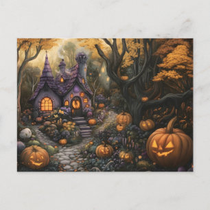 Cartão Postal Casa Adorável e Pumpkin do Halloween