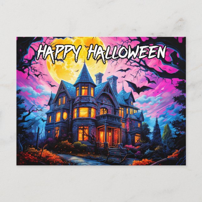 Cartão Postal Casa Assombrada Antiga | Feliz Halloween (Frente)