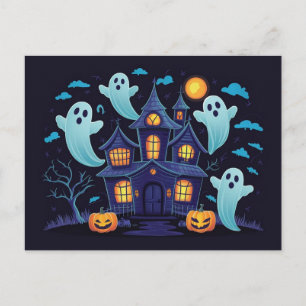 Cartão Postal Casa Assombrada Azul Sinistro com Fantasmas Flutua