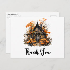 Cartão Postal Casa Assombrada com Abóboras de Halloween Agradeci