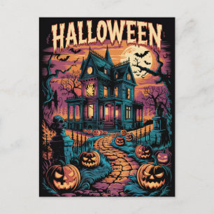 Cartão Postal Casa Assombrada de Abóbora de Halloween Sinistra