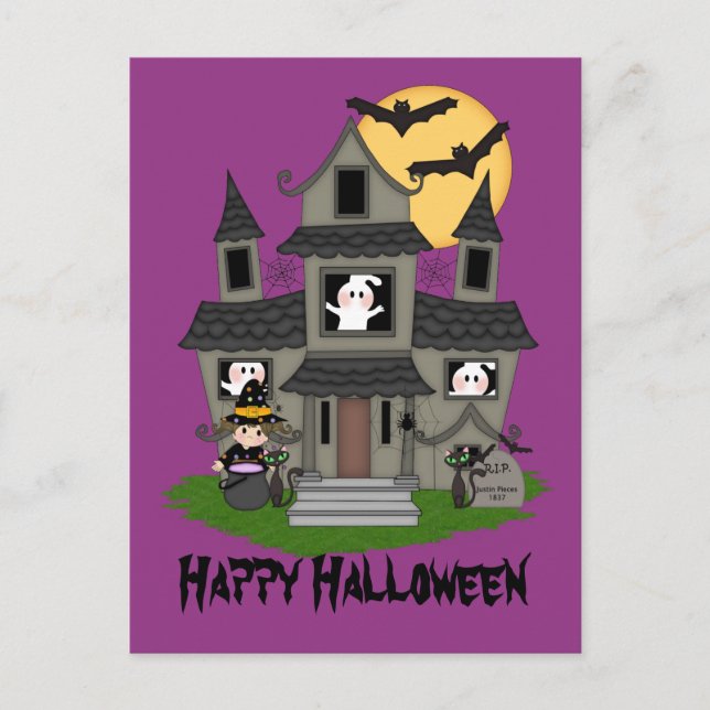 Cartão Postal Casa assombrada de Halloween e bruxinha pequena (Frente)