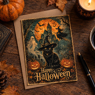 Cartão Postal Casa Assombrada de Halloween Gato Preto Morcego Lu