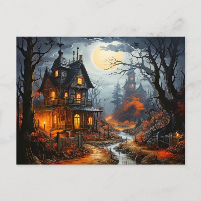Cartão Postal Casa Assombrada de Spooky Halloween (Frente)